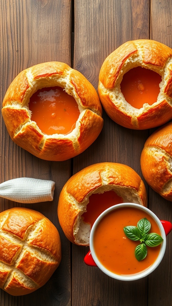 Homemade Bread Bowls Recipe Freshly baked bread bowls on a wooden table, with a bowl of tomato soup beside them.
